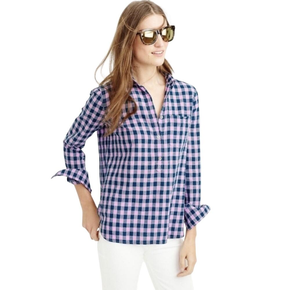 J.CREW Gingham Popover Shirt Blouse Top Blue Purple Cotton Size 4 NWT